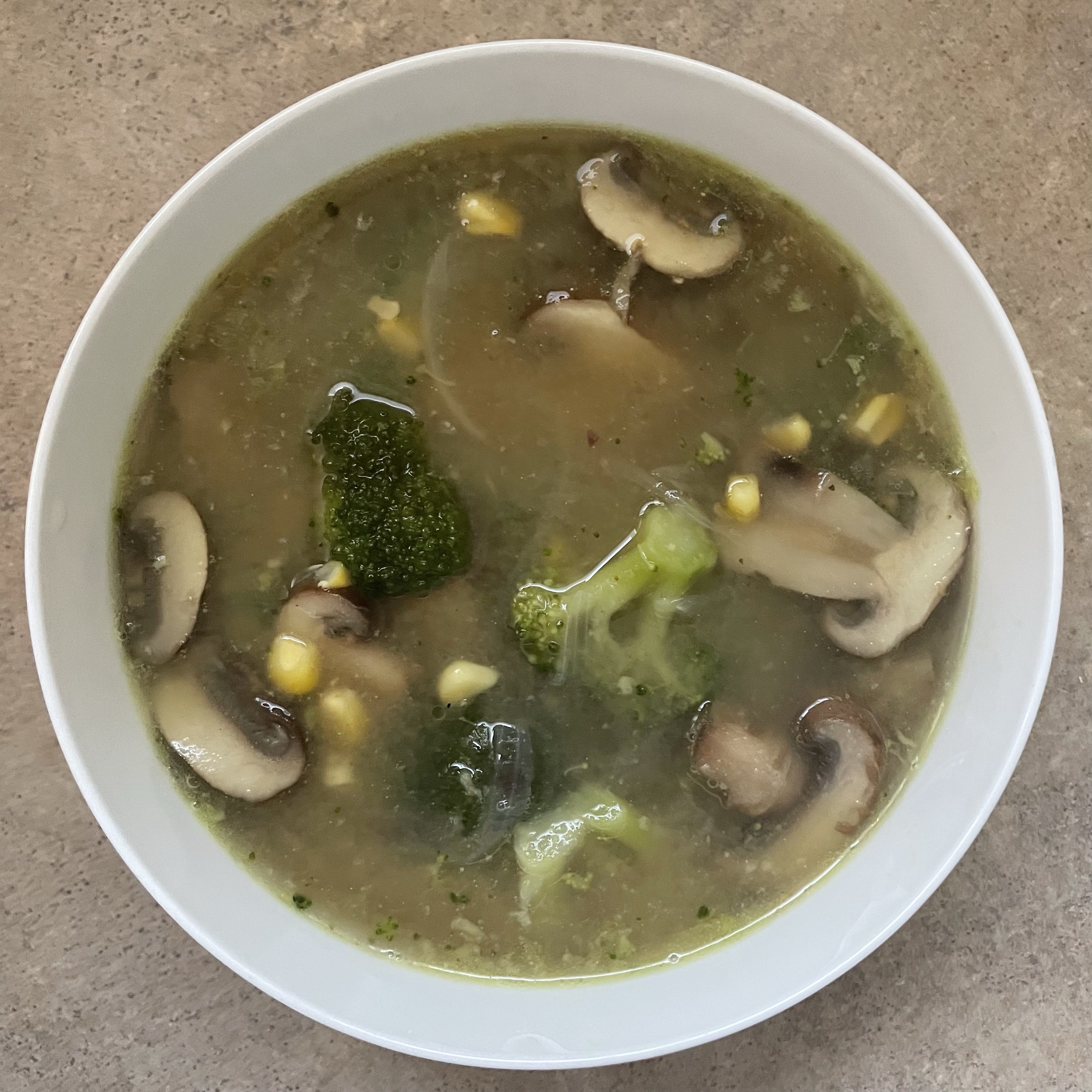 Vegetable Clear Soup with Broccoli, Mushroom, and Sweet Corn