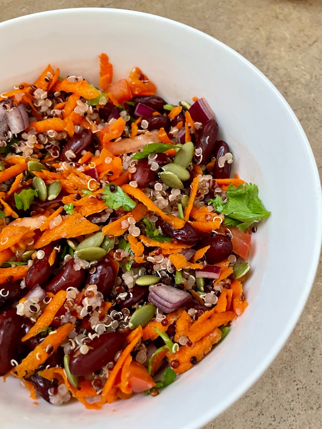 Quinoa and Kidney Bean Salad in a black pepper, and lemon&nbsp;dressing